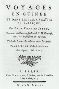 Titulní stránka pro Cesty v Guineji a na Karibských ostrovech v Americe od Paula Erdmana Iserta, vydáno 1743 od French School