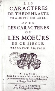 Titulní strana Les Caracteres de Theophraste přeložená z řečtiny, s Les Caracteres ou les moeurs de ce siecle od La Bruyere (1645-96) 1688 od French School
