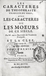 Titulní strana Theophrastus Les Caractères ou les Moeurs přeložil Jean de la Bruyere (1645-96) 1697 od French School