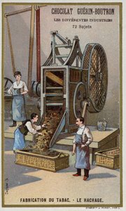 Výroba tabáku. Drcení listů (chromolitho) od French School