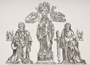 Výzdoba hrobky zobrazující Nicholase Flamela (asi 1330-asi 1418) a jeho manželku Pernelle po výzdobě na hřbitově neviňátek v Paříži z Le Moyen Age et La Renaissance od Paula Lacroixe (1806-84 od French School