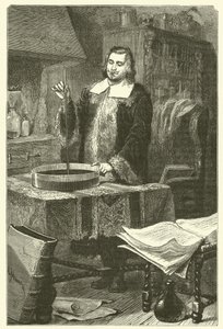 Torricelli vynalezl barometr (rytina) od French School