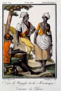 Tradiční tanec: obyvatelé Martiniku tančí chica. Rytina z roku 1805. Chartres, Museum of Fine Arts od French School