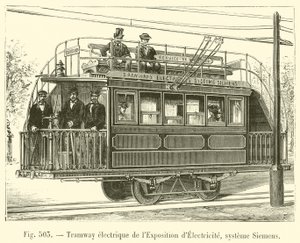 Elektrická tramvaj na výstavě elektřiny, systém Siemens (rytina) od French School