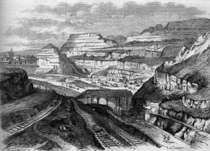 Proměny Paříže za Druhého císařství, Haussmannovská Paříž: přeměna v park sádrových lomů Buttes-Chaumont (Buttes Chaumont). Rytina v ""Le Monde Illustre"" č. 306 z 21. února 1863. od French School