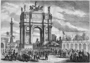 Proměny Paříže za Druhého císařství, Haussmann Paříž: Vítězný oblouk při inauguraci Boulevard du Prince Eugene (dnes Boulevard Voltaire) Napoleonem III. Rytina v „“ Le Monde Illustré““ č. 296 ze dne 13. prosince 1862. od French School