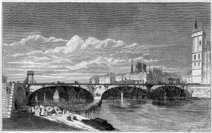 Proměny Paříže za Druhého císařství, Haussmann Paris: pohled na Pont au Change během jeho rekonstrukce. Rytina v „“ Le Monde Illustré““ č. 169 ze 7. července 1860. od French School
