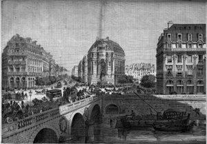 Proměny Paříže za druhé říše, Haussmann Paris: pohled na fontánu Saint Michel (1860) na Boulevard de Sebastopol. Rytina v „“ Le Monde Illustré““ č. 175 z 18. srpna 1860. od French School
