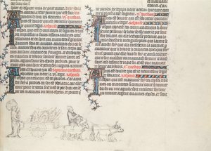 Přeprava věcí na vozíku taženém voly, nedokončená miniatura z Bible Jean de Sy, kolem roku 1355