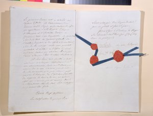Smlouva mezi Napoleonem I. (1769-1821) a císařem Františkem II. (1768-1835), podepsaná v Presburgu 26. prosince 1805 (pero a inkoust na papíře) od French School