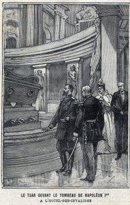 Ruský car Mikuláš II. (1868-1918) a carevna Alexandra Fiodorovna Romanova (1872-1918) před hrobkou Napoleona I. Bonaparta v hotelu des Invalides v Paříži, v „Le Petit Parisien““ od French School