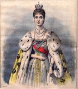 Carina Alexandra Ruska ve svém korunovačním rouchu - carevna Alexandra Fiodorovna v kostýmu posvátna. Ilustrace pro Le Petit Journal, 24. května 1896 (rytina) od French School
