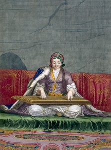 Turecká dívka hrající na nástroj drnkací na klávesy, ze sbírky jednoho sta tisků představujících různé národy Levanty od Charlese de Ferriola, vyryl Gerard Scotin (1671-1716) od French School