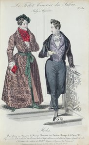 Dva elegantní mladí muži, 1835 (barevná rytina) od French School