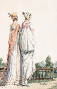 Dvě dámy v promenádních šatech, 1796 99:žena; tradiční kroj; tradiční oděv; móda; c18.; chůze; zadní; bílé šaty; kapota; kapoty; klobouky; park; zahrada; od French School
