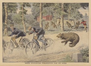 Dva cyklisté pronásledovaní uprchlým medvědem (barva litho) od French School