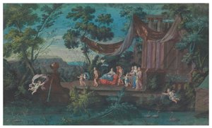 Dva vějířové listy: Pompézní kolotoč galantních Amazonek ze čtyř světových stran; a Procesí opouštějící chrám doprovázené putti, druhá polovina 17. století (kvaš na papíře) od French School