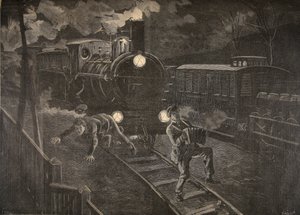 Dva muži sražení vlakem, ilustrace z Le Petit Journal: Supplement illustre, 1898 od French School