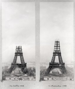 Dva pohledy na stavbu Eiffelovy věže, Paříž, 14. října a 14. listopadu 1888 od French School