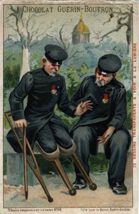Dva váleční invalidé: zadek mluví s tučňákem. Chromolitografie 19. století. od French School