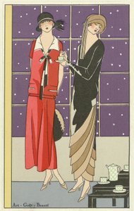 Dvě ženy na čaji a oblečené v návrzích od Jean Patou a Beer z hospody Art-Goût-Beauté. 1924 od French School
