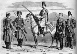 Typy a uniformy zvláštního doprovodu ruského císaře. Zleva doprava: trubka, kozák, muslim, čerkes a lesghián. Rytina v „“ Le Monde Illustré““ č. 153 ze 17. března 1860. od French School