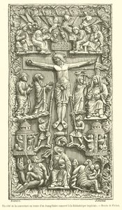 Jedna strana slonovinové desky evangeliáře zachované v Císařské knihovně (rytina) od French School