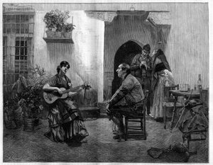 Pod kouzlem: muž naslouchající s obdivem mladé španělské dívce hrající na kytaru. Rytina podle obrazu Julese Wormse (1832-1914) v „The Illustrious World“, 1. května od French School