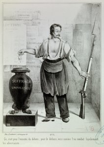 Všeobecné volební právo „“hlas nebo puška““ Hlas musí bojovat s nepřítelem místo pušky. Rytina M.L. Bosredon, duben 1848. Paříž, Musee Carnavalet od French School