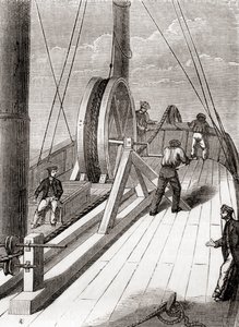 Odvíjení podmořského kabelu Dover do Calais na palubě Blazeru, 25. prosince 1851, z Les Merveilles de la Science, vydáno kolem roku 1870 (rytina) od French School
