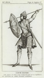 VII. století, vláda Dagoberta I., Vojenský kostým (rytina) od French School