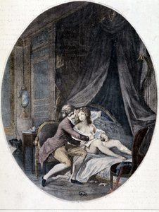 Valmont píše dopis na Emiliino stehno – v „“Dangerous Liaisons”” od Choderlose de Laclose od French School