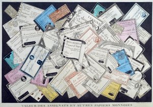 Hodnota asignátů a dalších papírových mincí během francouzské revoluce. 18. století. Musee Carnavalet, Paříž - hodnota asignátů a jiných měnových dokladů za anglické revoluce. Rytina od French School