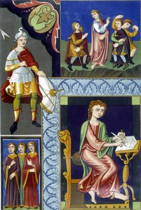 Různé kostýmy 9. století. Ilustrace převzata z "Francie v 9. století". od French School