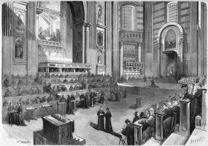 1. vatikánský koncil (1869-1870): První setkání konané 9. prosince 1869 v pravé části transeptu kostela sv. Petra v Římě. Rytina v „“ Le Monde Illustré““ č. 663 z 25. prosince 1869. od French School