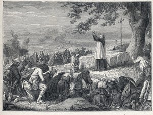 Vendee Wars (1793-1796): Kněžské vložky celebrující mši pod dubem pro povstalecké obyvatelstvo, které odmítá přísežné kněze. Rytina z roku 1889. Soukromá sbírka. od French School