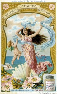 Venuše ilustruje pátek. Chromolitografická reklamní karta Liebig. od French School