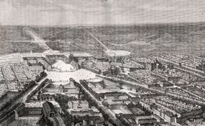 Versailles se svým zámkem v 19. století - rytina „La France illustree: geografie, historie, statistická správa“ od V.A. Sladově hnědá. 1884 od French School
