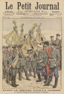 Ruský generál veterán Michail Dragomirov líbá vlajku pluku odjíždějícího do rusko-japonské války (barevná litografie) od French School