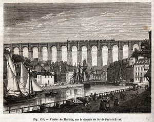 Morlaix viadukt, na železnici z Paříže do Brestu (Francie). Rytina od Lebretona et Marchanda, v „”Les Merveilles de la Science”” od Louise Figuiera (1819-1894), vydání Jouvet et Cie od French School