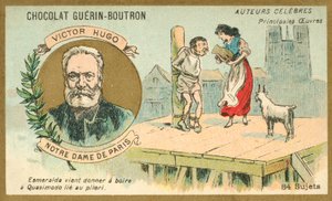 Victor Hugo, francouzský autor, a scéna z jeho románu Notre Dame de Paris (chromolitho) od French School