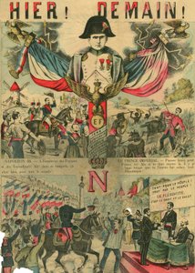 Victor Napoleon (1862-1926) v čele stoupenců bonapartistů, poslední dědic Napoleona I., musel na základě zákona přijatého Třetí republikou v roce 1886 odejít do exilu. Rytina v příloze "Le Figaro" z 30. 3. 1889, Paříž. od French School
