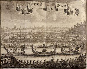 Pohled na Ayutthayu s královskými bárkami, z knihy Guy Tacharda Voyage du Siam des Peres Jesuites, 1688. od French School