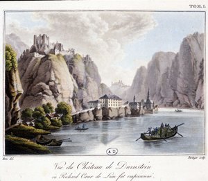 Pohled na hrad Durnstein (kde bylo vězněno Richardovo Lví srdce) - v „“Malebné cestě po Rakousku”” od hraběte Alexandra de Laborde, Paříž, Didot starší od French School