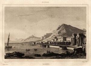 Pohled na Palermo, Sicílie, rytina Storelli, v „“ Malebné Itálii, editor Amable Coste od French School