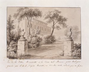 Pohled na Villa Bianchetti v Croce del Biacco poblíž Bologni, vyrytý S.A.I. podle Busattiho, koloroval M. Hofer, prosinec 1814 (kolor. rytina) od French School
