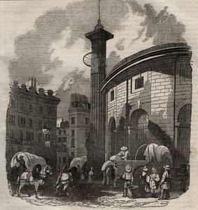 Pohled na halle au ble v Paříži (postavena v letech 1763-1769) a Medicejský sloup, rytina začátek 19. století - burza pšenice a kukuřice v Paříži (postavena v letech 1763-1769), rytina počátek 19. století - Pohled na Halle au ble, umístěn na současném Hote od French School