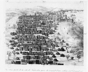 Pohled na část města Timbuktoo pořízený z kopce na východ, z Voyage a Tombouctou od Rene Caillie, publikoval 1830 od French School