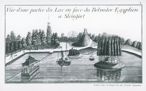 Pohled na část jezera před egyptským Belvederem ve Steinfortu, z „Jardins Anglo-Chinois de la Mode“ od George Louise Le Rouge, vydáno 1776-90 (rytina) (č/b foto) od French School
