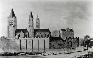 Pohled na opatství Saint-Germain-des-Pres na začátku 15. století (litografie) (čb foto) od French School